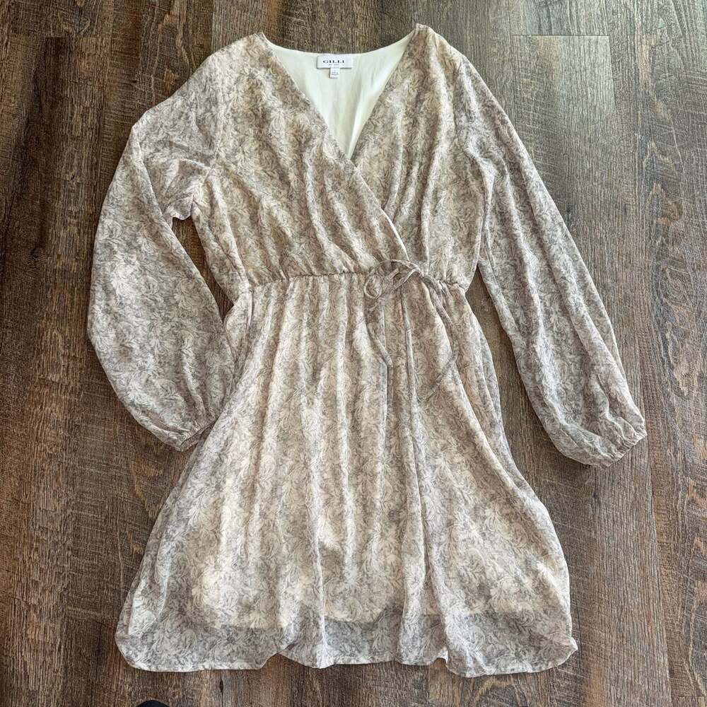 Gilli Long Sleeve Dress in Taupe Paisley Floral Print Size Large Womens